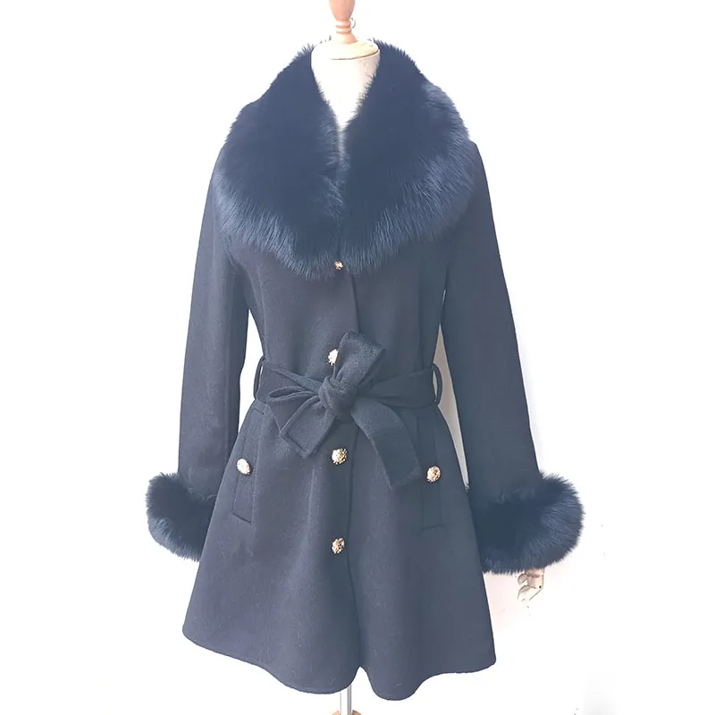 2024 Spring Women Brown Wool Blended Coat With Real Fox Fur Collar With Belt Slim Female Wool Jacket With Genuine Fur Cuff