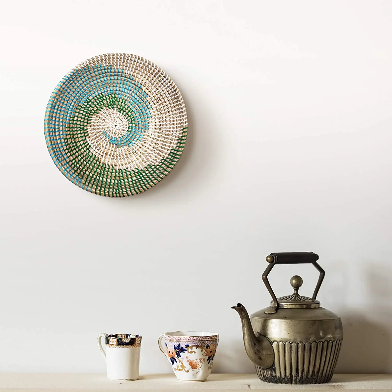 Best Selling Wave Blue Pattern Wicker Seagrass Wall Hanging Basket Decorative With Plastics String and Hook Made in Vietnam