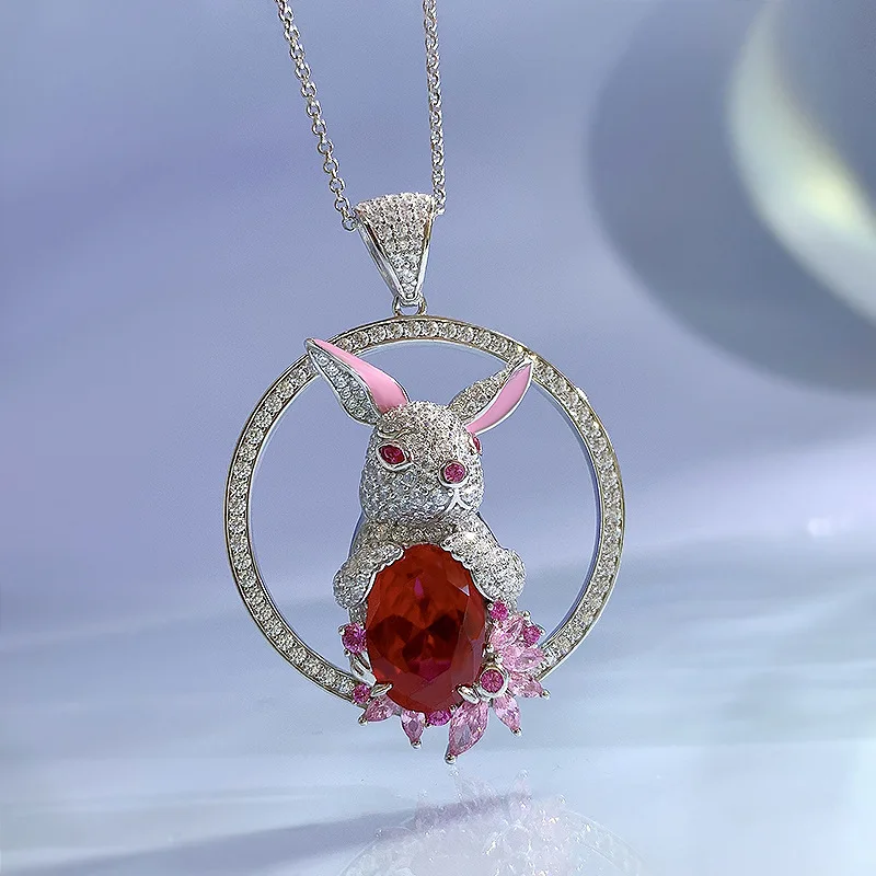 Seasonal New Original Rabbit Pendant, 10*14mm Simulated Pigeon Blood Ruby High Carbon Drill Full Diamond Necklace Female