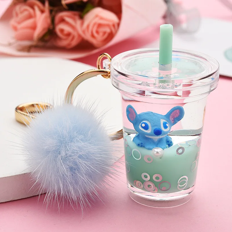 Acrylic Quicksand Keychain Pendant Milk Tea Cup Stitch Liquid Keychain  Pompom Keychain