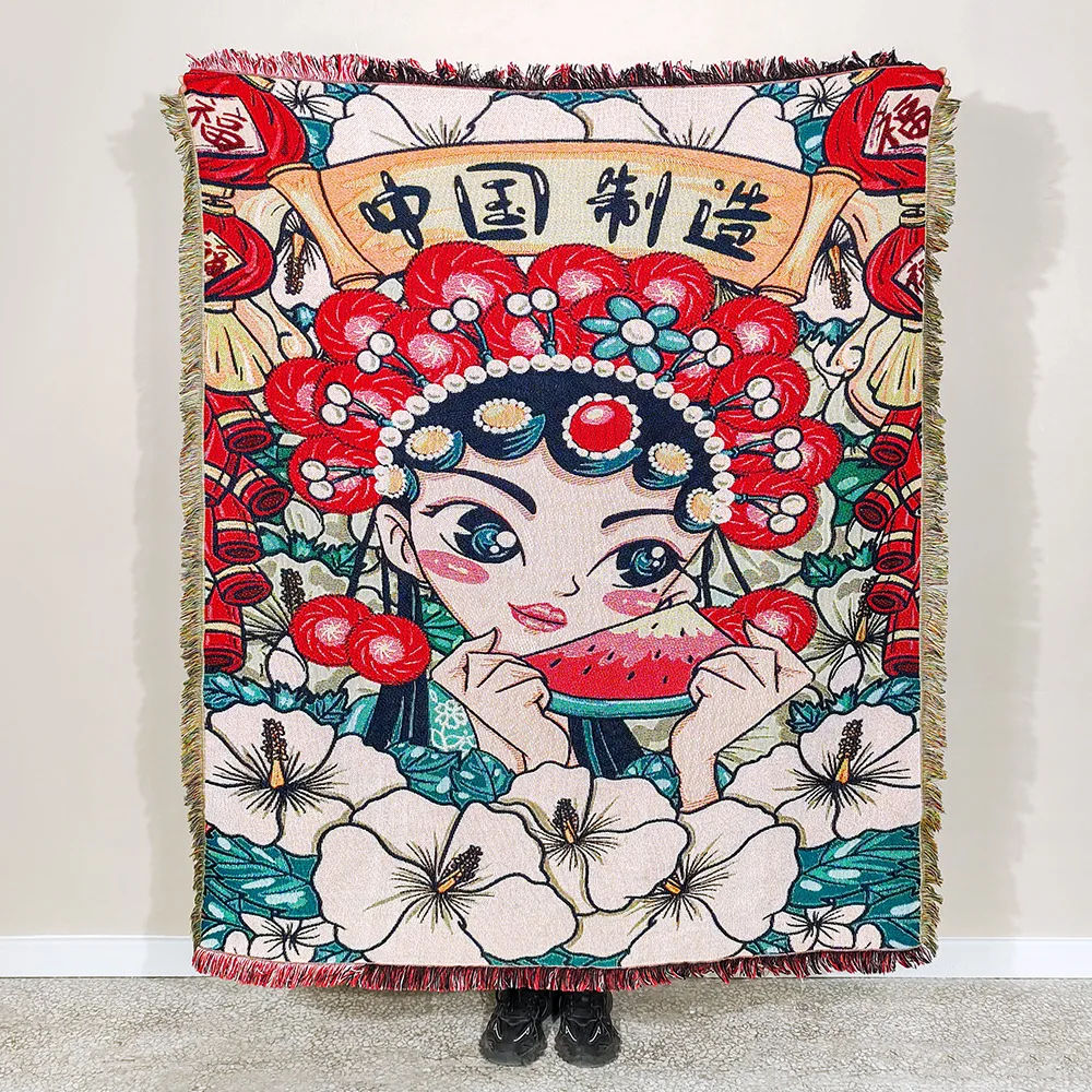 Classical China Chic Style Red Outdoor Weave Camping Jacquard Woven Blanket Tapestry Souvenir Gifts Office Sofa Cover Blanket