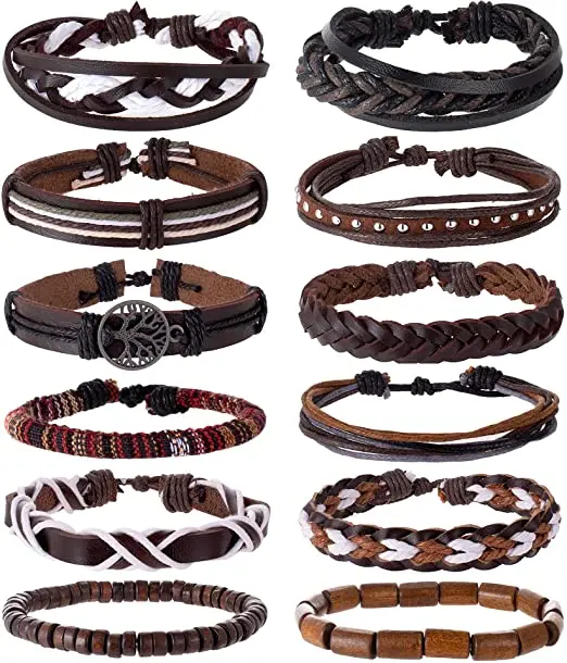 Trendy Boho Ethnic Tribal Woven Cuff Wrap Bracelet Set Handmade Adjustable Brown Braided Leather Wood Bead String Bracelets