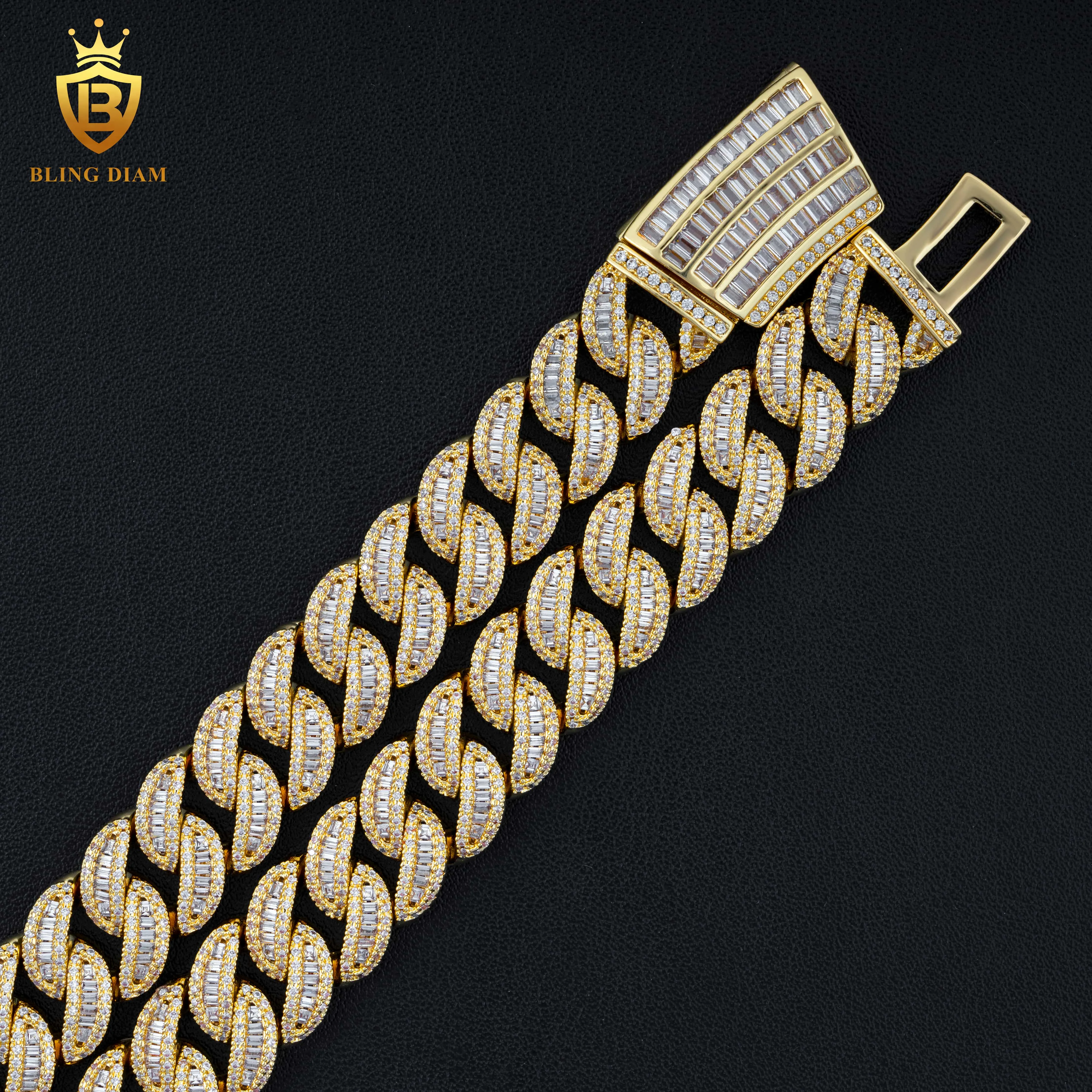 Wholesale Custom Hip hop Jewelry Brass mens necklace 5A+ CZ Diamond 15MM Curved clasp Cuban Link Chain