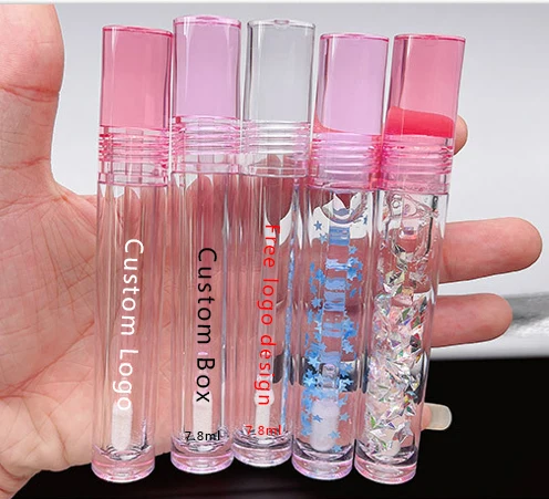 7.8ml Empty Transparent Lipgloss Tube Custom logo Cosmetic Packaging Pink Lip Gloss Tube With Boxs