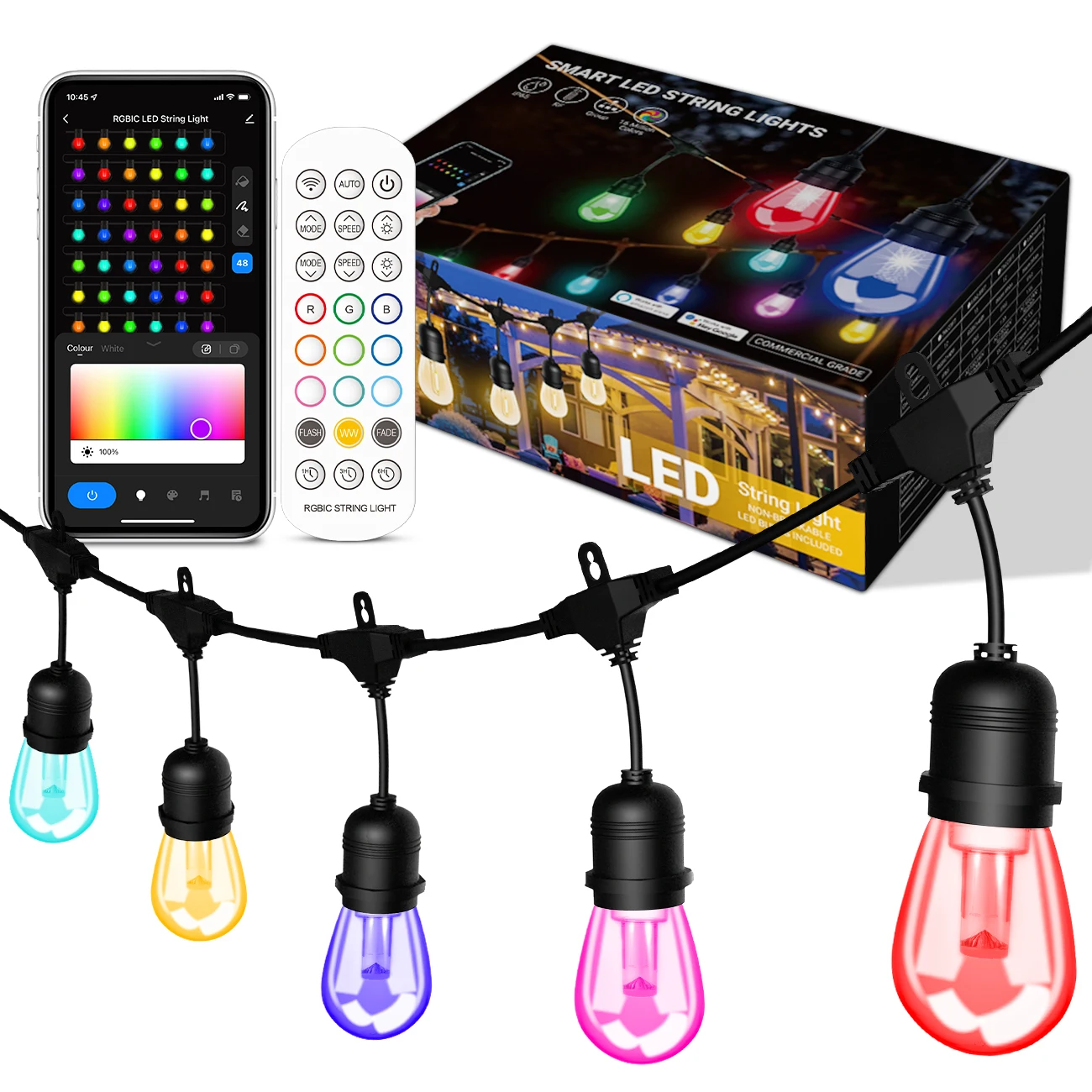 Smart RGB Outdoor LED Commercial String Light with Vintage Edison S14 LED Bulbs for Holiday Garden Patio Christmas Use TUYA APP