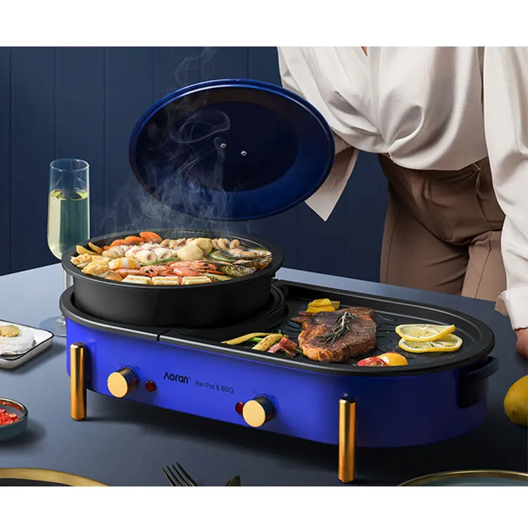 Household Shabu-Roasting All-In-One Pot Non-Stick 2 In 1 Electric Bbq Grills And Hot Pot