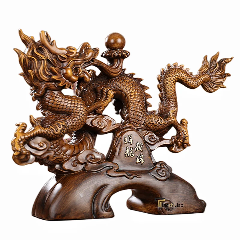 Wood Grain & Gilded Chinese Lucky Fengshui Resin Dragon Sculpture Craft Dragon Statue