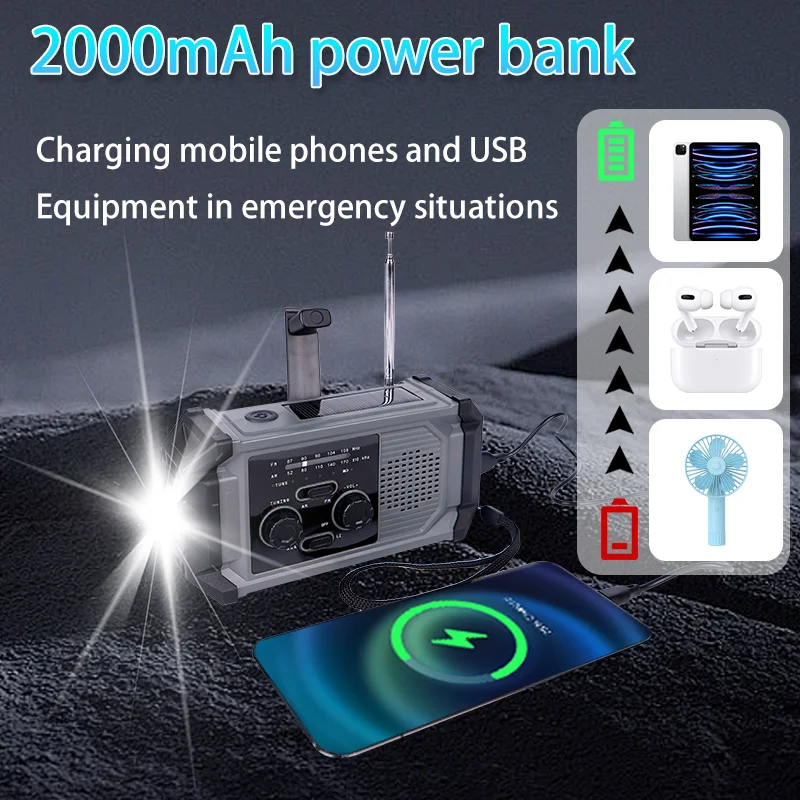 Hot Solar Charger 3 Model Flashlight SOS Alarm Weather Radio Emergency Hand Crank Waterproof Solar Radio 2000mah