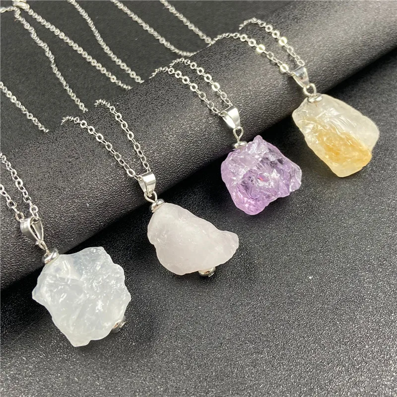 Amethyst Stone Pendant Necklace,Irregular Quartz Stone Pendant Crystal Gemstone Necklace,Clothes Chain Necklace for Women