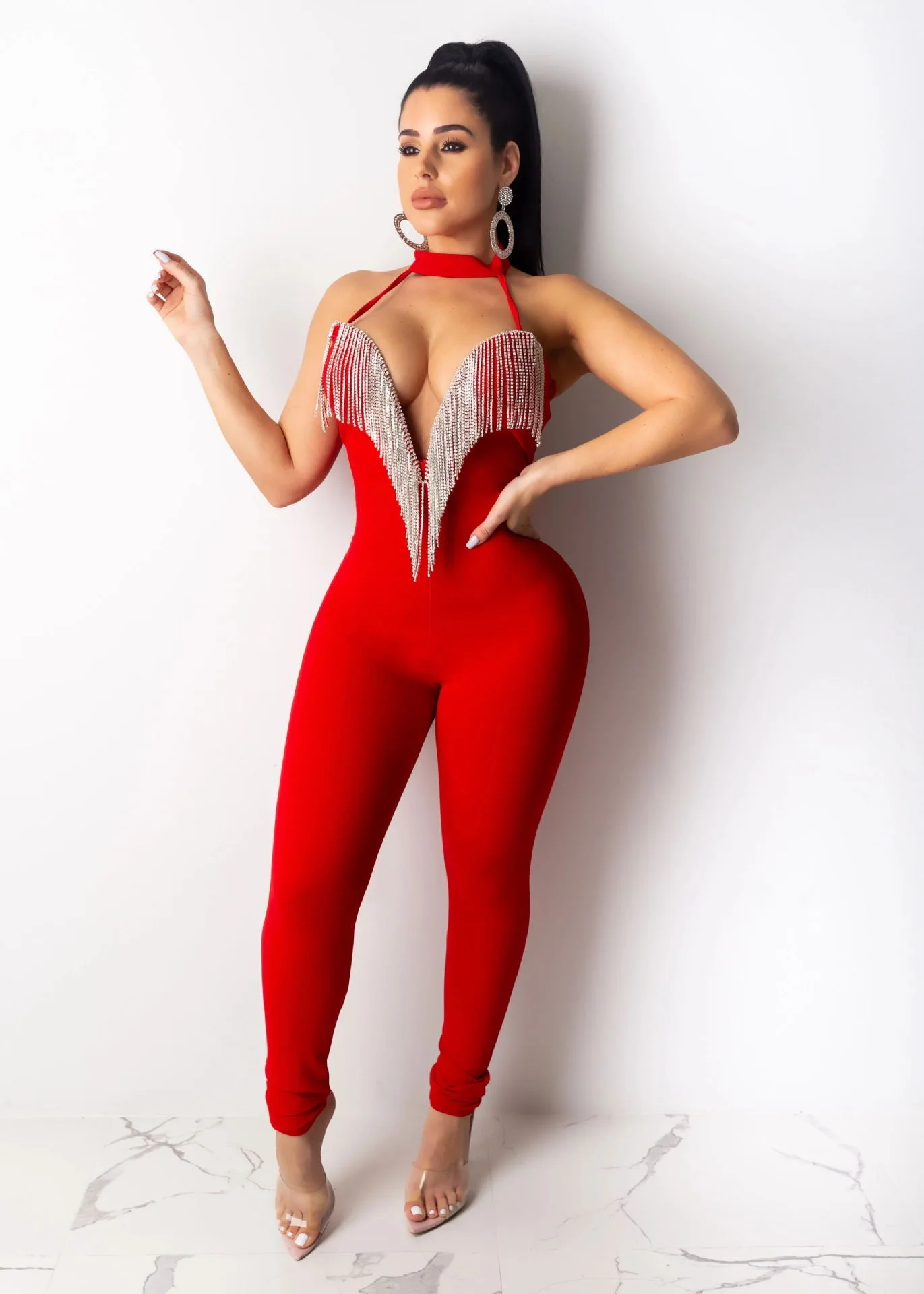 H3010 latest design tassel black v neck sleeveless red bling party corset open chain blue skinny one piece jumpsuits