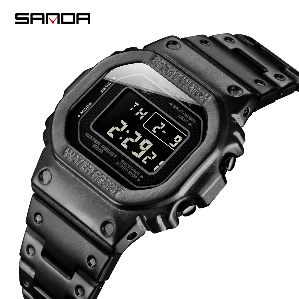  SANDA 390 king золотые мужские цифровые часы цветочный Рисунок со стальным ремешком водонепроницаемые отображение дня недели в минималистском стиле путешествия дизайн