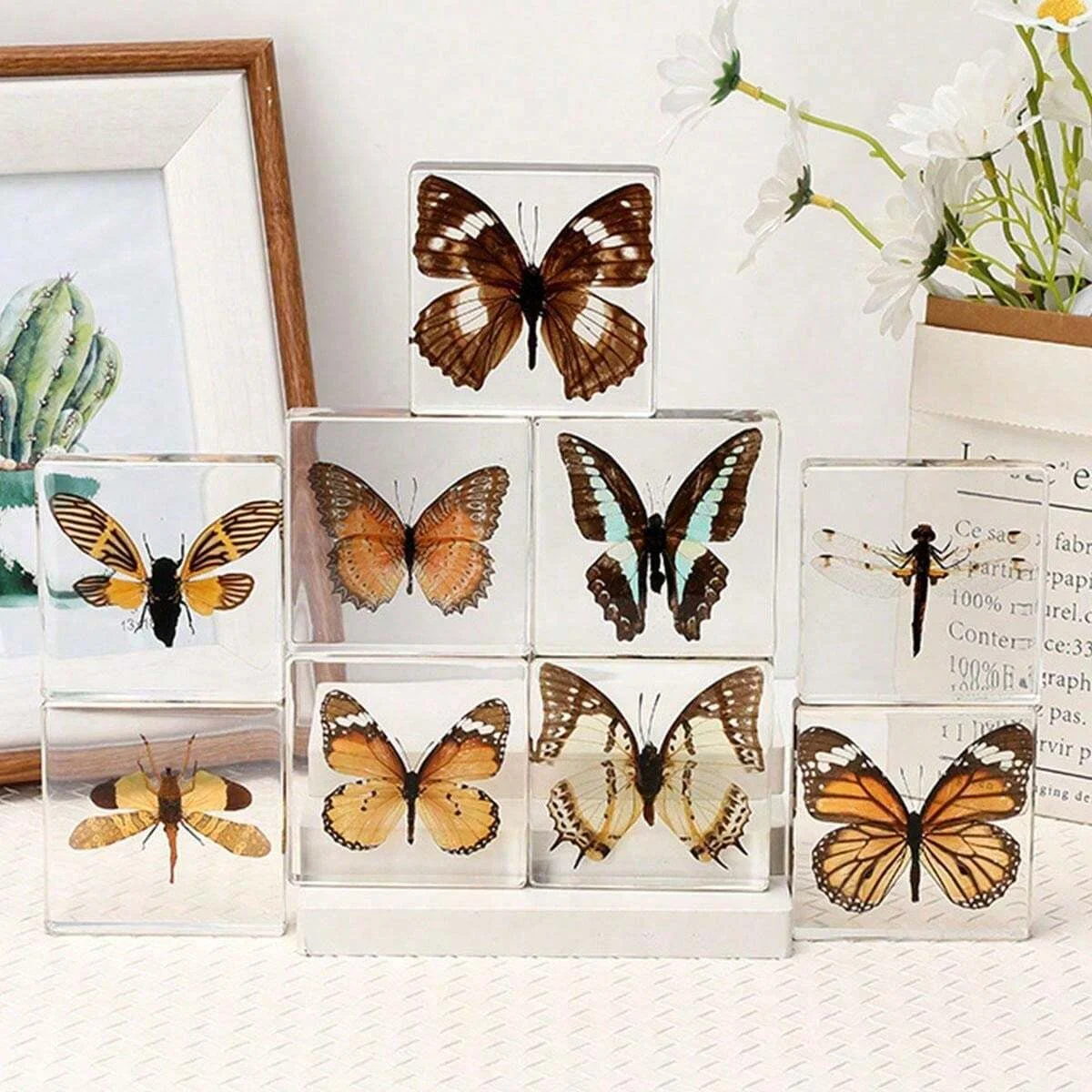 Smooth Edge Embedded Butterfly Decorative Block Yellow Floral Plant Specimen Block Crafts Display Block