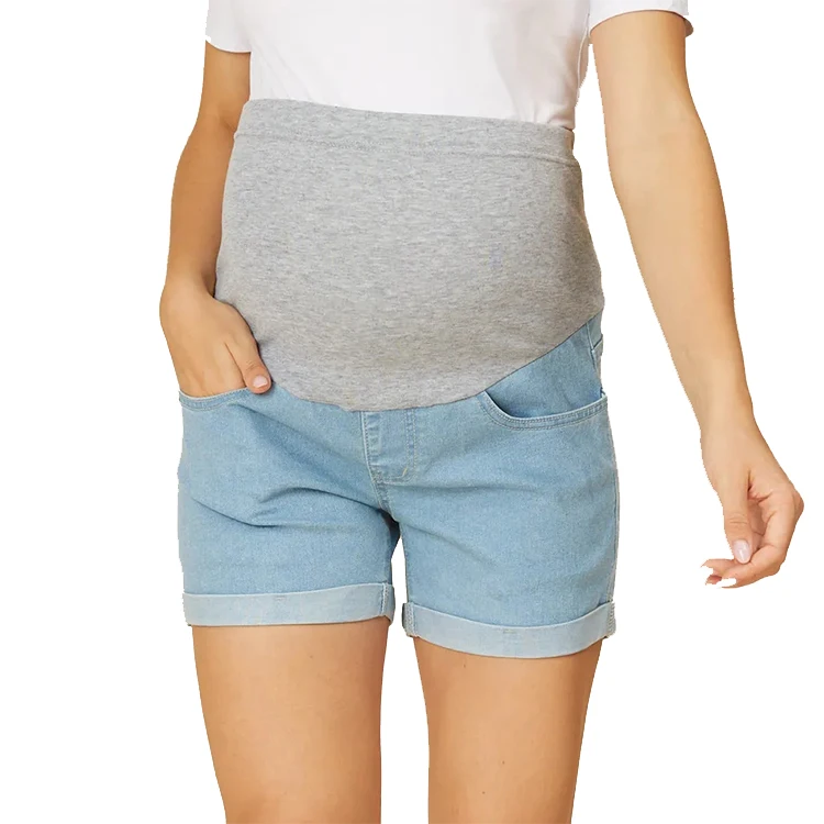 Custom casual women pregnant maternity plus size plain blue denim shorts jeans