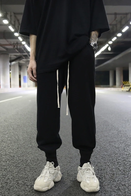 Dark Ro-Style European And American-Style High Street Loose-Fit Terry Cloth Ribbed Beam Leg Pants Ins-Drawstring-Style Casual Co