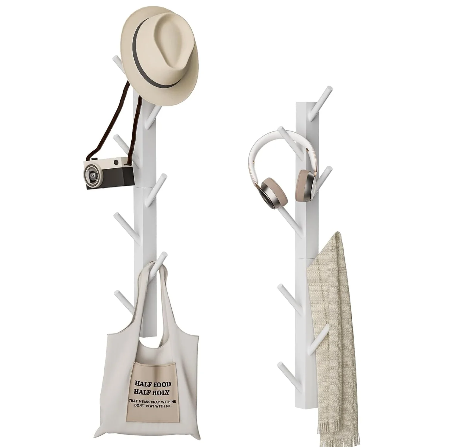 202412 Wood Wall Mounted Coat Hooks Vertical Coats Rack Holder Hanger with 8 Hooks Entryway Hanging Wooden Racks for Jacket Coat