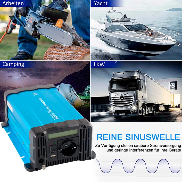 Big Promotion High Efficiency DC 12V to AC 220V 600W Car Power Inverter with Global socket USB Port