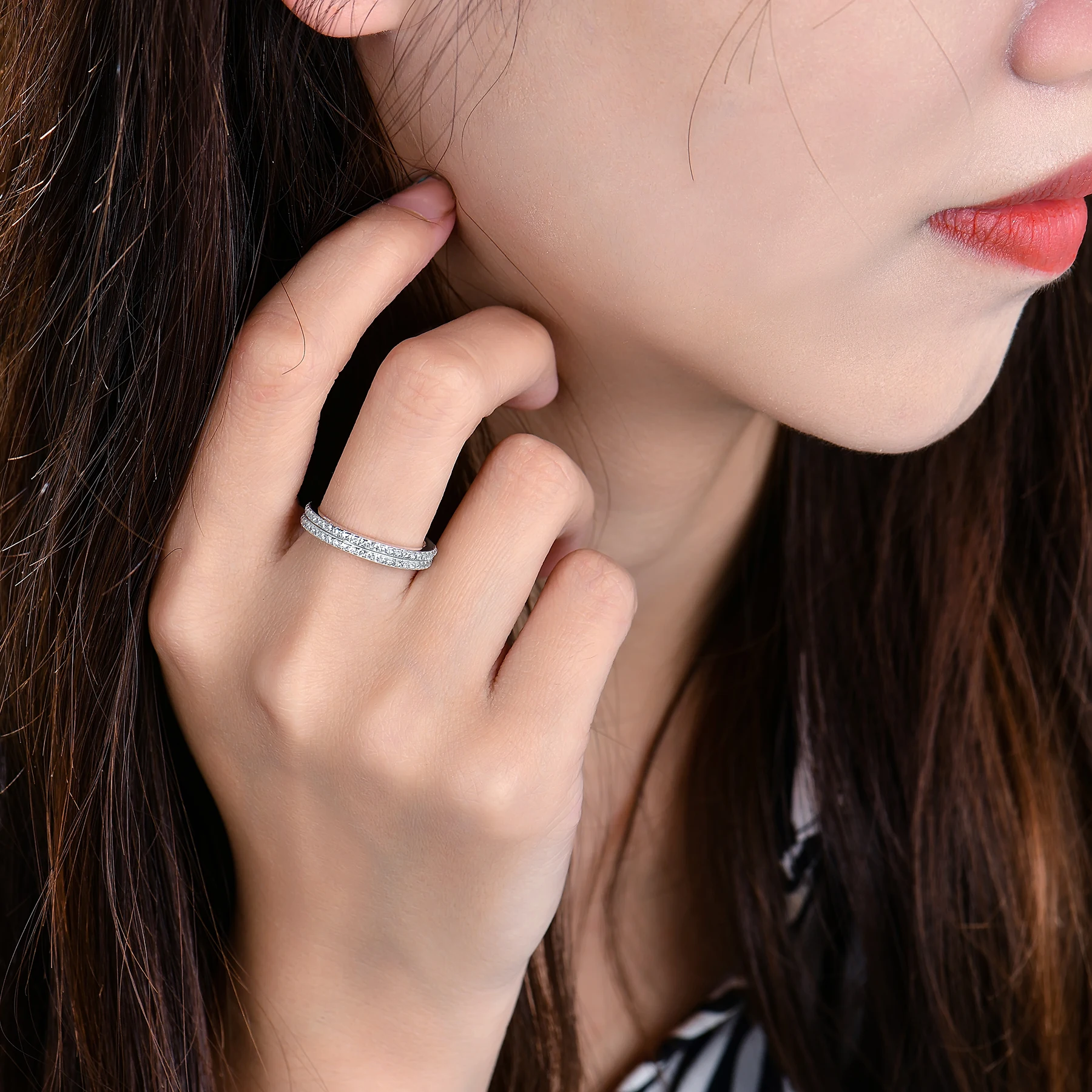 Simple row zirconium ring 925 sterling silver full zircon double row engagement ring for women