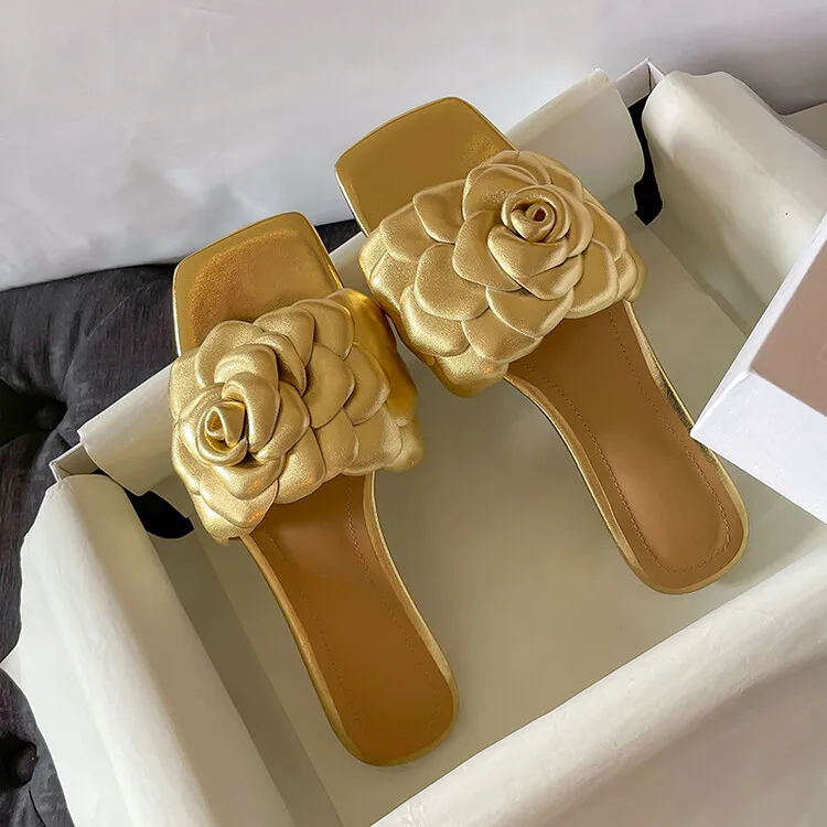 women Genuine Leather designer Summer Beach Outdoor Casual square Toe Gold flowers Slides Slipper sandals for women and ladies
