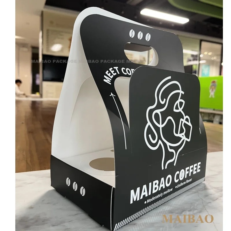Wholesale Recyclable Rigid Cardboard Paper Coffee Cup Holder Disposable Drink Carrier With Handle Portable Cup Holder