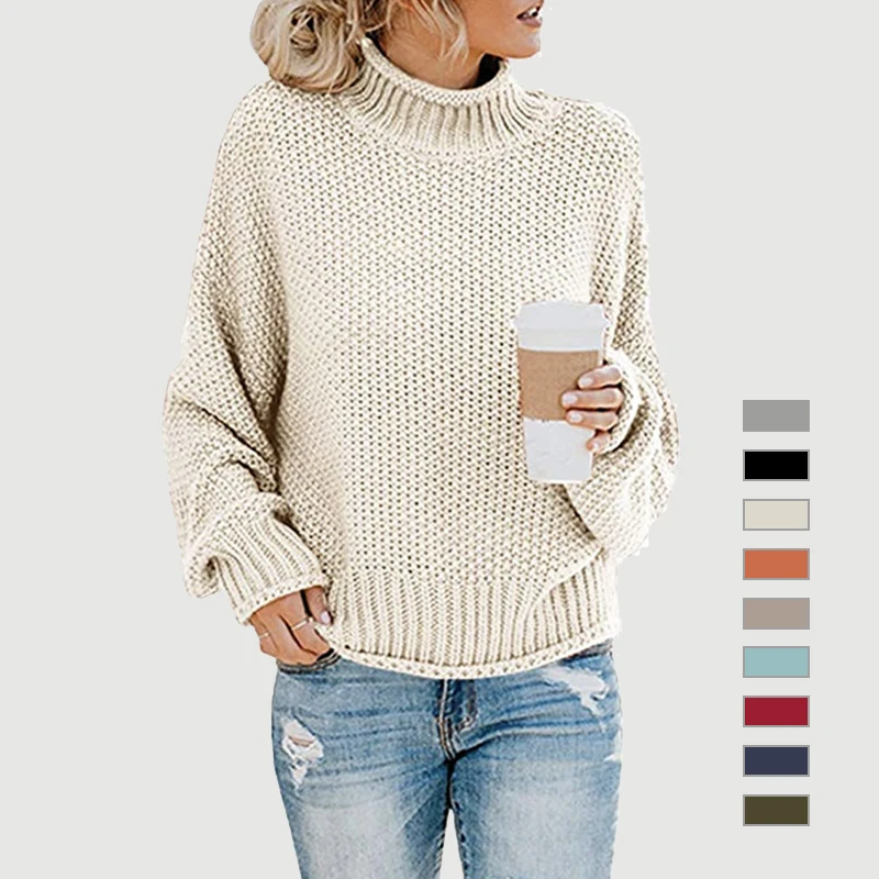 2021 Autumn Winter Fashionable Womens Solid Color Knitted Pullover Sweater Heavy Gauge Plain High Neck Knitwear For Ladies