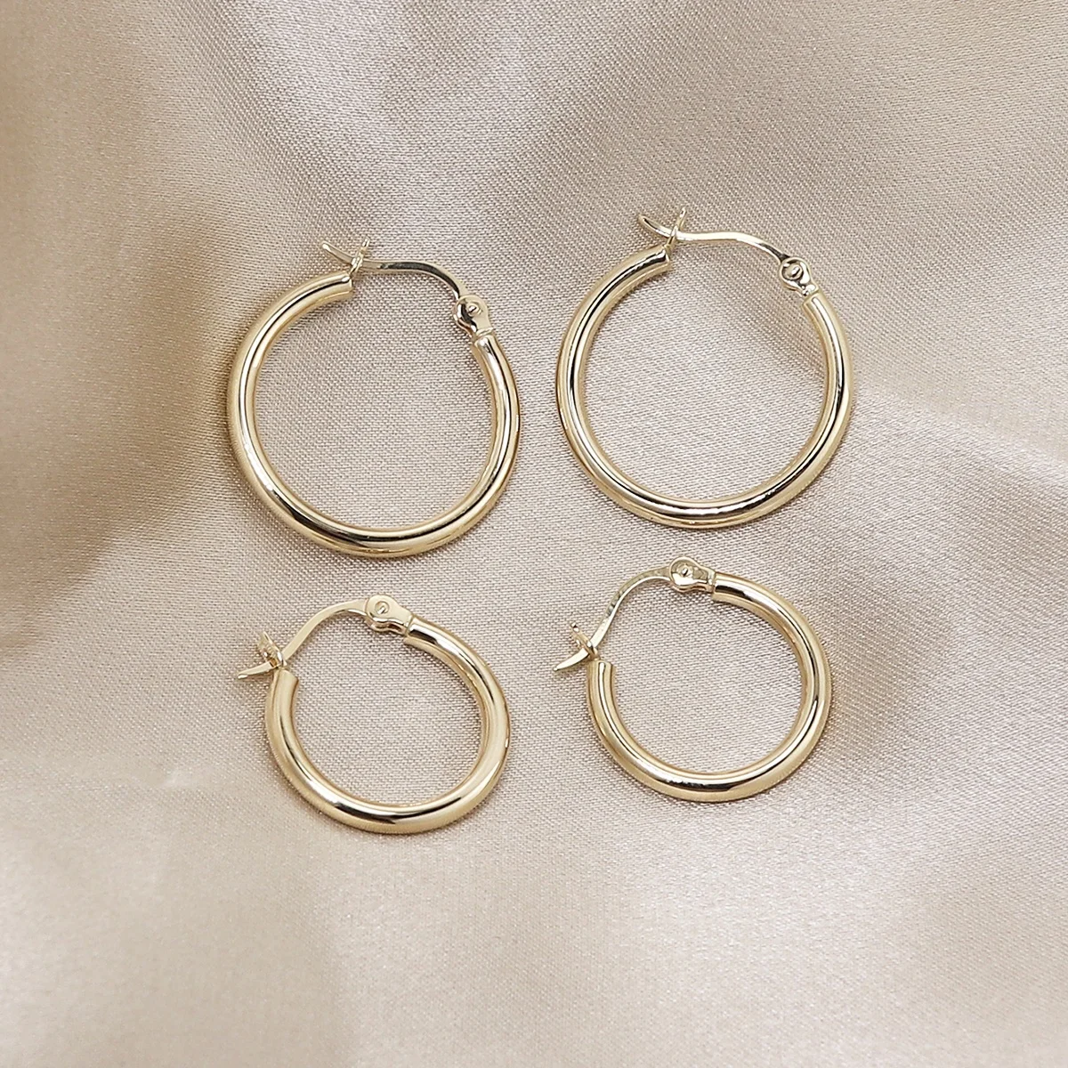 Custom 14mm 16mm 20mm Trendy Fine Jewelry Real 14K Solid Gold Jewellery 2mm Click Top Circle Hollow Tube Round Hoop Earrings