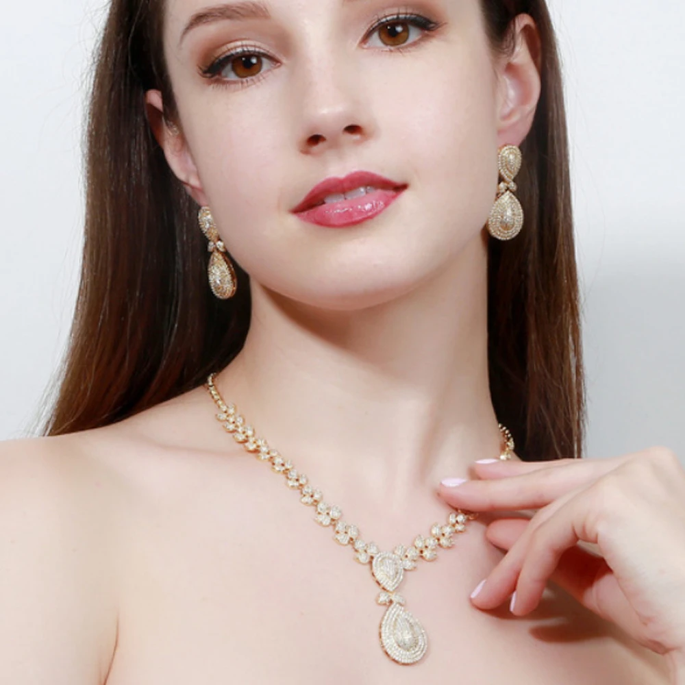 Full Diamond Dubai 18K Gold Plated Zircon Bridal Jewelry Sets Luxury Water Drop African Women Jewelry Sets