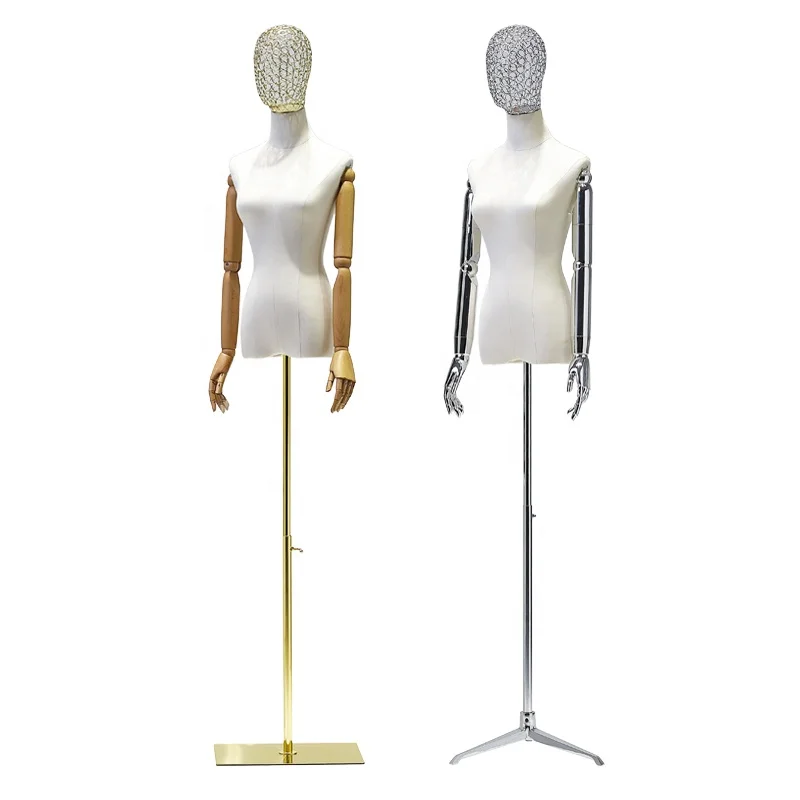 Window Display Fabric Covered Movable Mannequin Female Half Body Gold Arm Metal Wire Head Women Mannequins With Wooden Arm