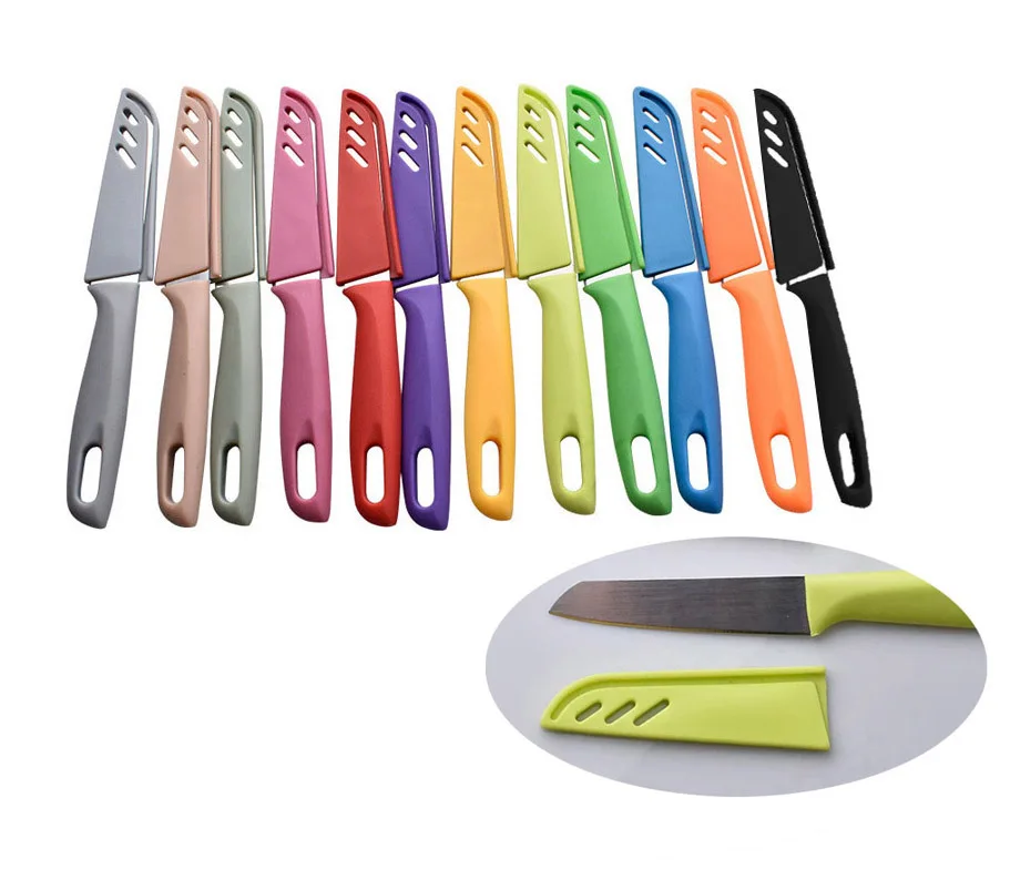 Red Color Knives Set Kitchen Chef Utility Fruit Paring Knife With Plastic Handle And Sheath Covers Peeling Vegetable Knives