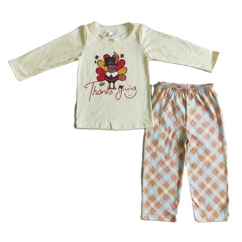 Infant Yellow Long Sleeve Shirt Pajamas Set Plaid Pants Toddler Children New Outfit Thanksgiving Baby Boy turkey Kid Clothes