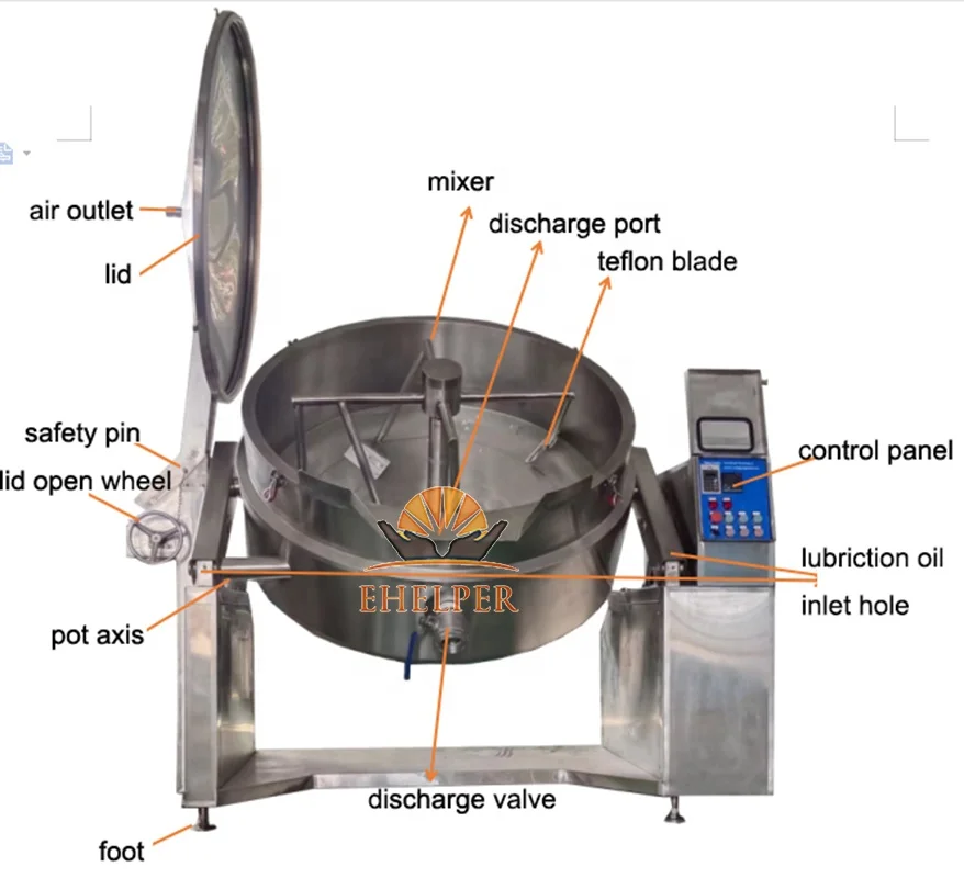 large scale CE approved stainless steel industrial cooking mixer for liquid food cooking for chili caramel tomato potato sauce p