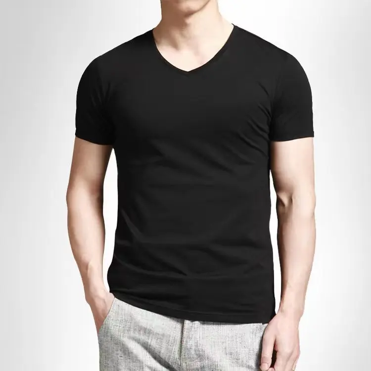 RTS men black plain t shirt wholesale low price polyester cotton blank slim fit t shirt short sleeve t shirt v neck