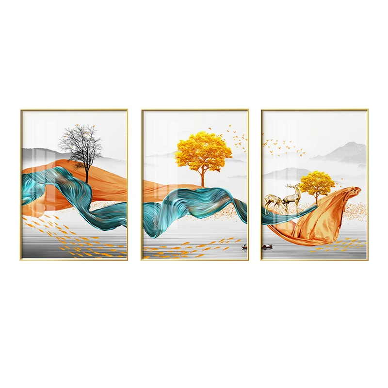 Abstract Mountain View Poster Golden Canvas Painting Triptych Printing Paintings Framed
