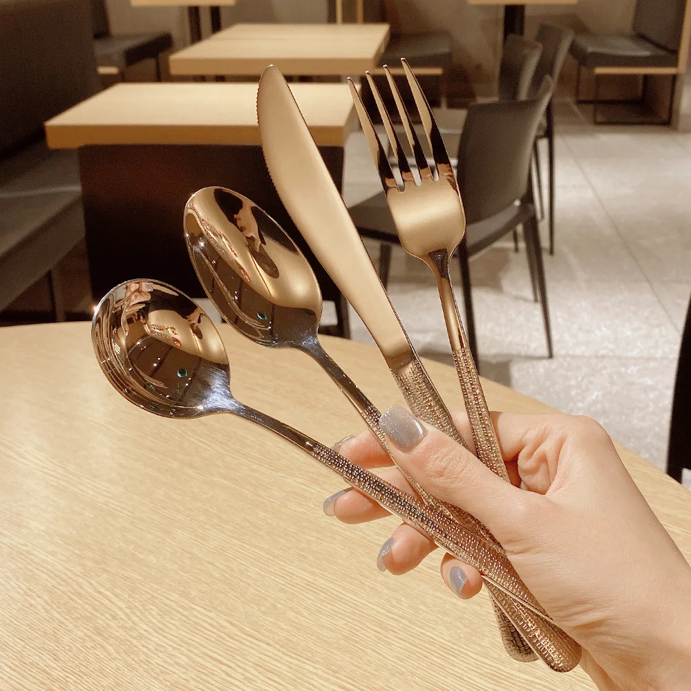 Luxury Restaurant Hotel Cutlery Set Silver Metal Stainless Steel 304 Dinner Spoon Fork Knife Flatware with Hammer Pattern Handle