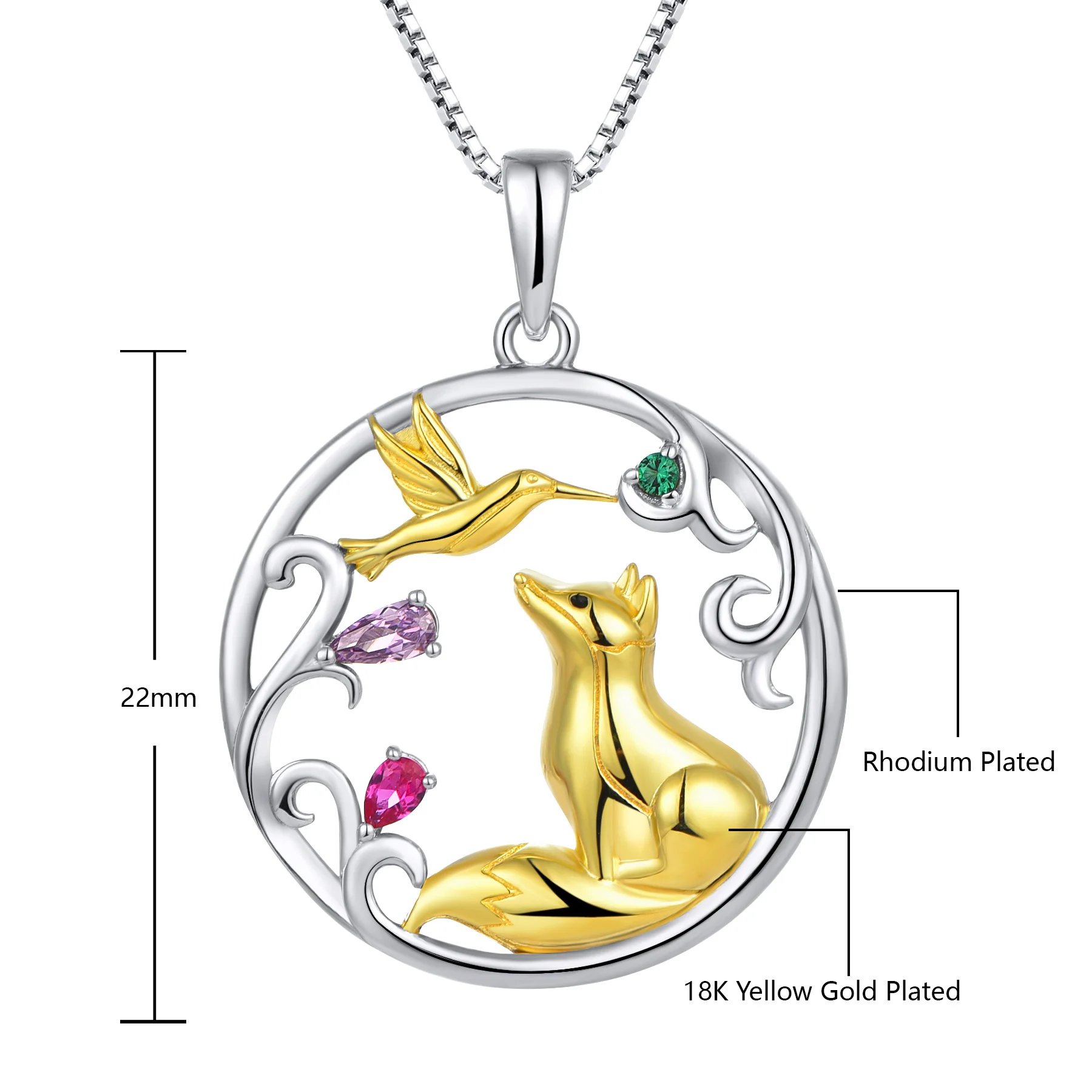 925 Sterling Silver Bird Zirconia Teddy Fox 18K Gold Plated Flower Pendant Chain Necklace
