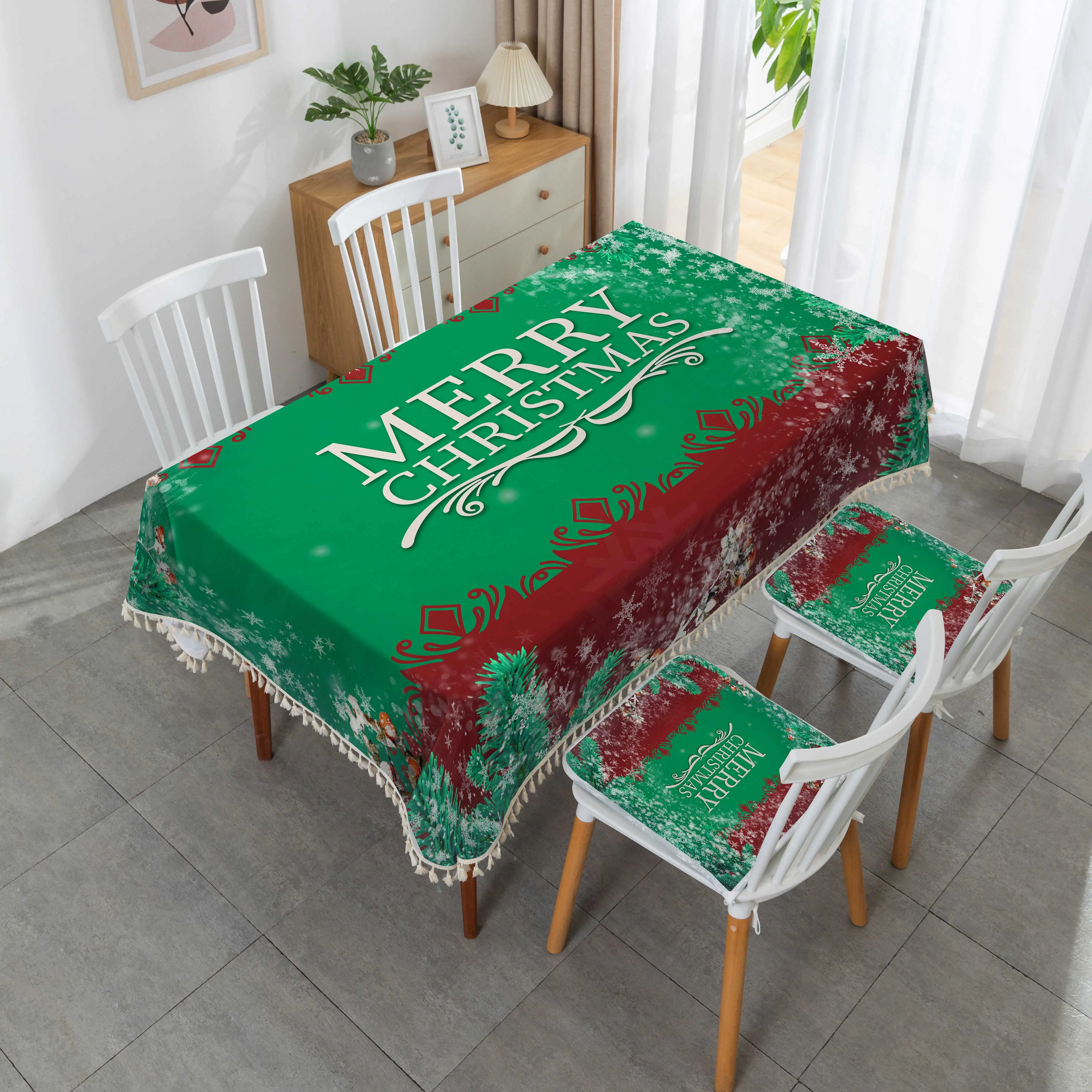Wholesale Polyester Waterproof Printing Custom Christmas Customized Square with Tassel Cotton Linen Tablecloths Table Cover 