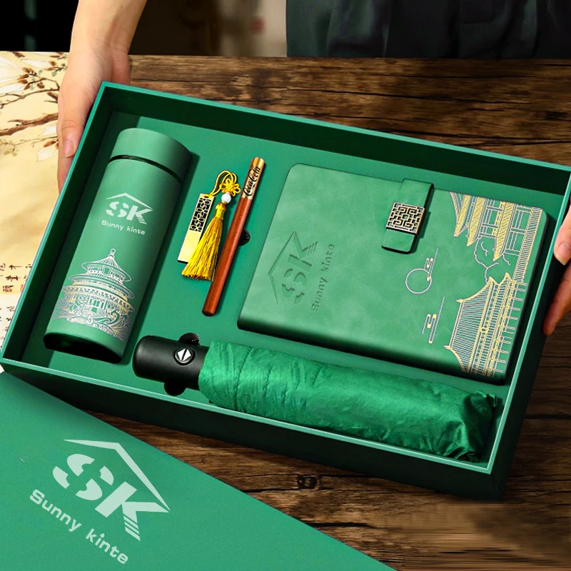 Corporate Gifts Souvenir For Guests Custom Logo Flask Fan Pen And Umbrella Combo Gift Set Umbrella Flask