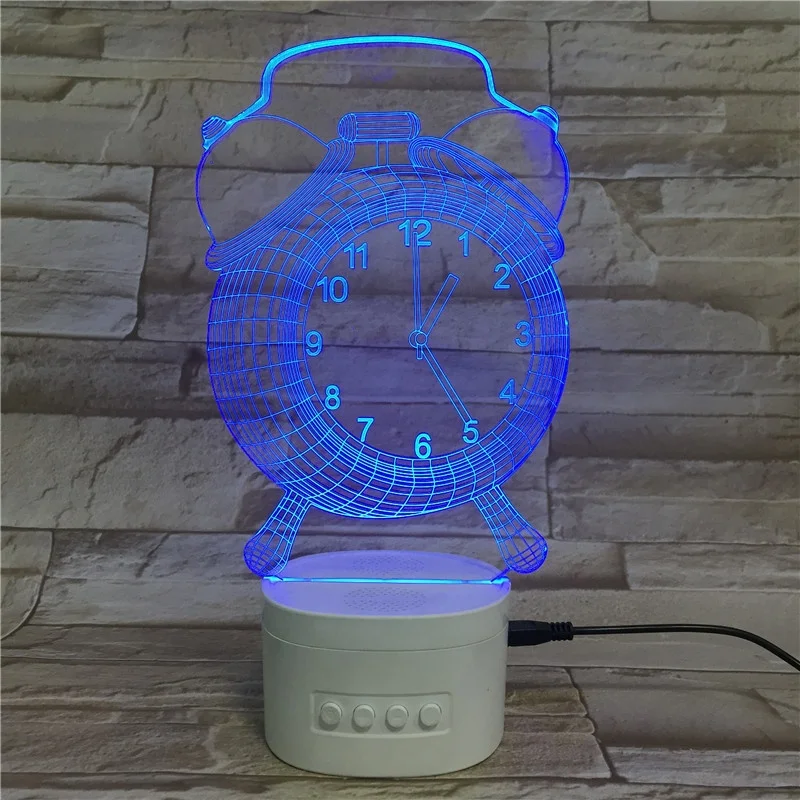 Alarm clock shape rechargeable battery wireless speaker acrylic material 3D illusion led night light 3D optical lamp
