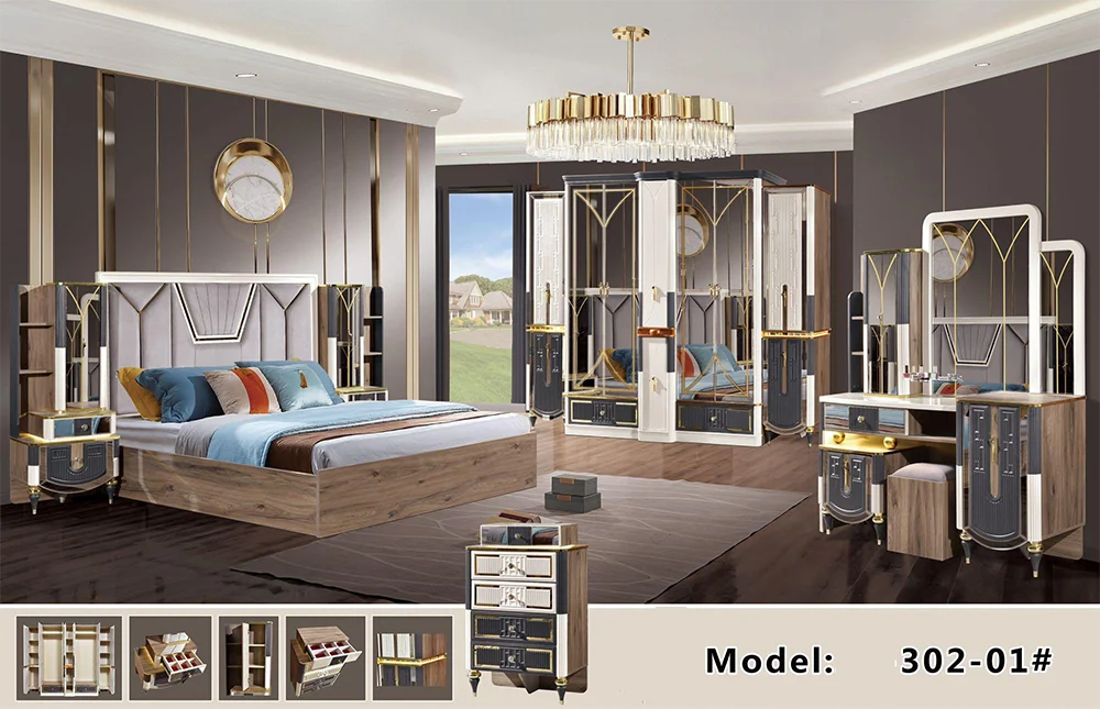 Modern Design 5 Pcs  Luxury King Size  Bed Mdf Bedroom Furniture Set  Large 7Doors Wardrobe  MDF Wooden Bedroom Sets Furniture