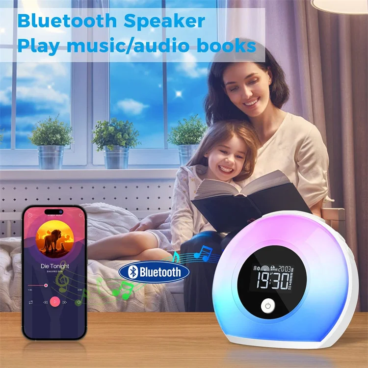 Wireless BT 5.0 Speakers Kids Night Light 4 Level Brightness & Colorful Light Wake Up Light Desktop Alarm Clock