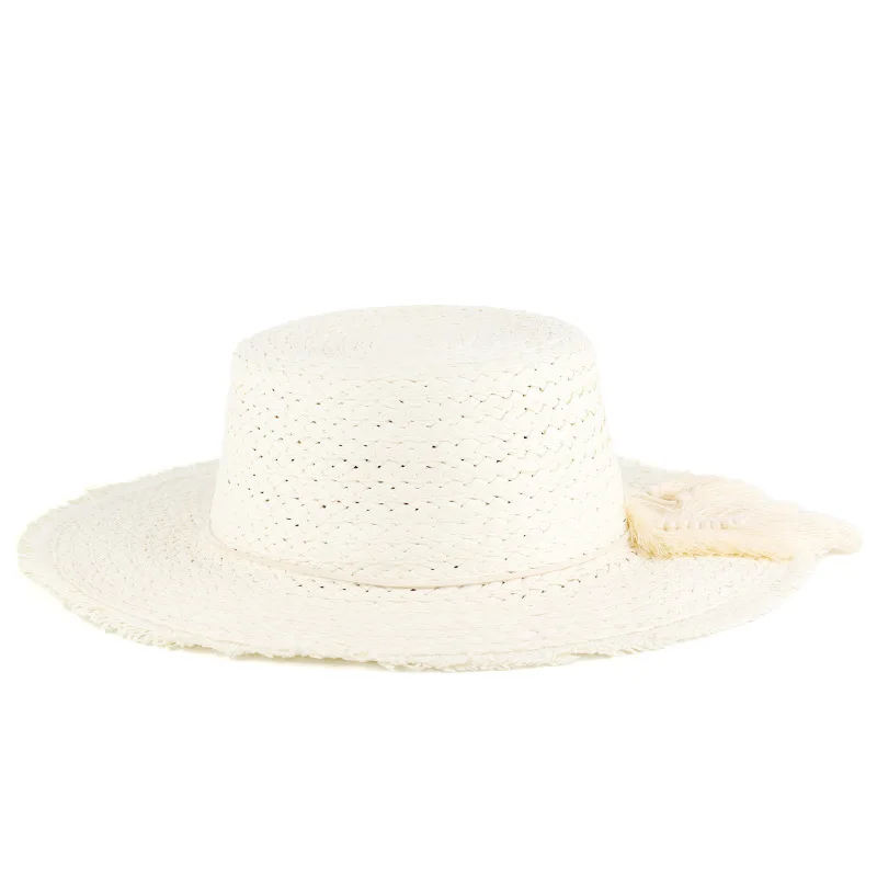 Custom Fashion  Natural Wheat Blank Sun Hats Caps With Tassel Sombreros Panama Straw Hats Summer Women Flat Top Beach Hat