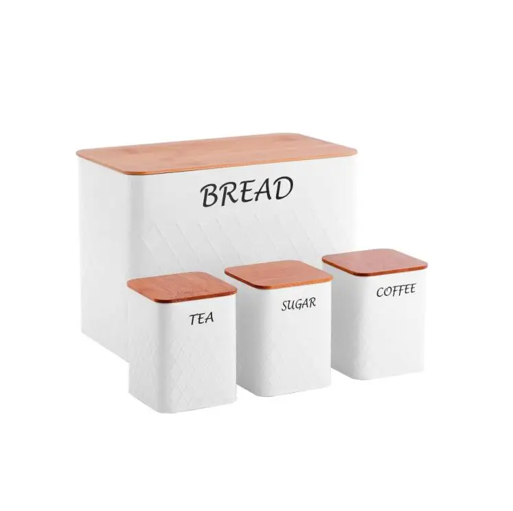 Large Bread Box with Bamboo Cutting Board Lid Sugar Tea and Coffee Storage Set of 3 Canisters Bread Bin Storage Container