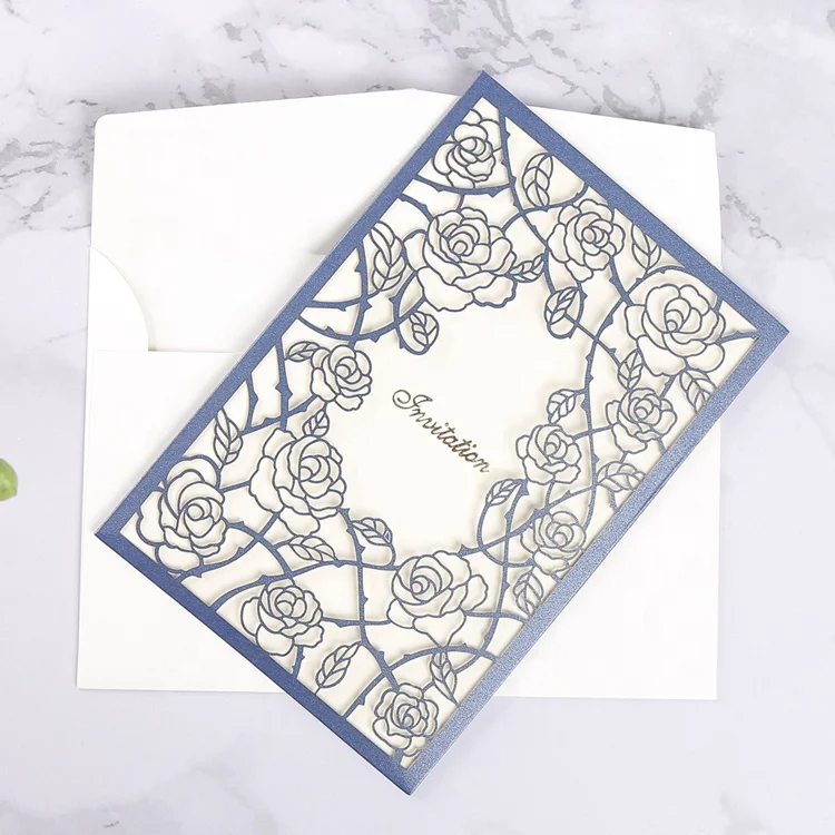 
Korean style rsvp wedding invitations blue rose laser cut wedding invitations 