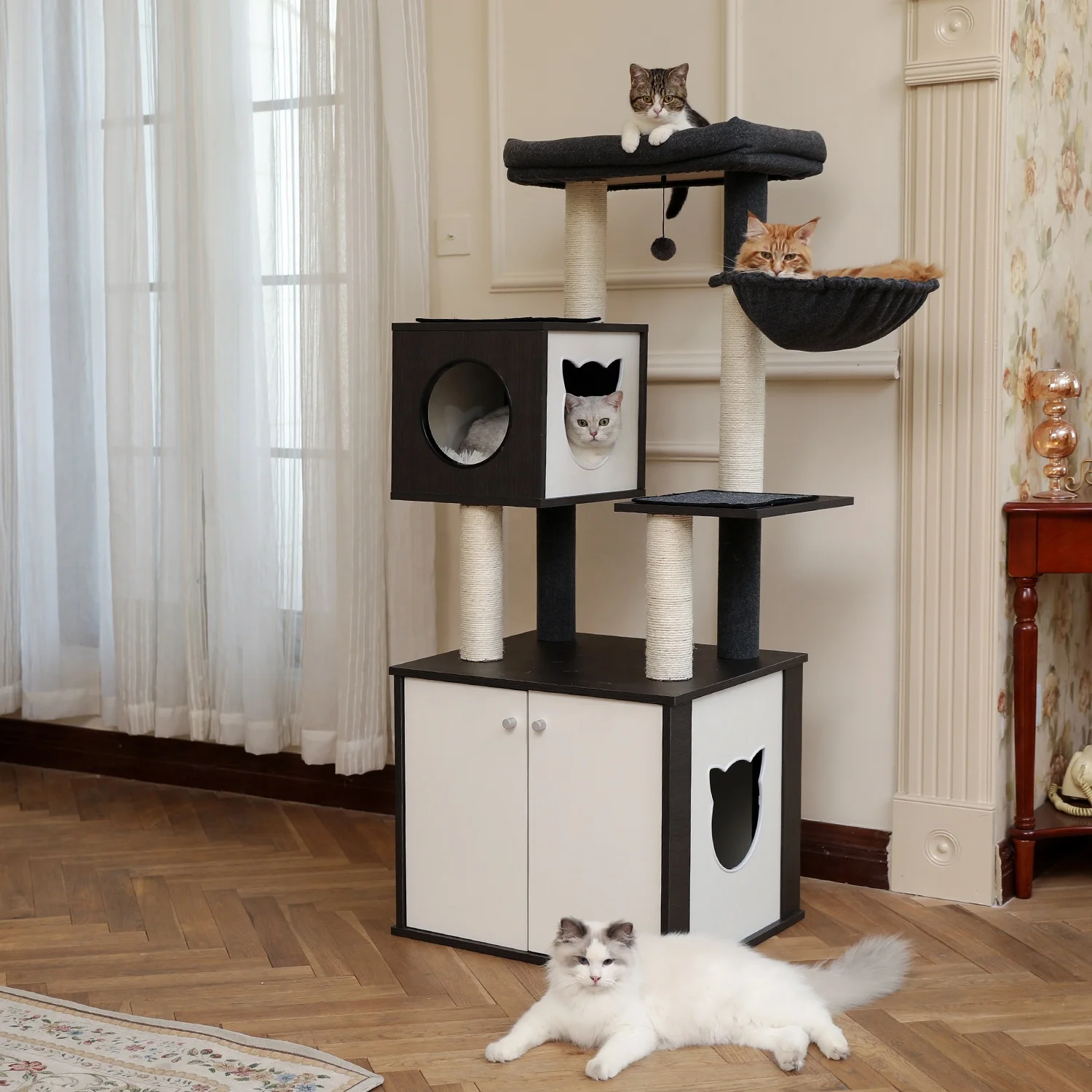 US Free Shipping Modern Cat Tree Scratcher Large Cat Tower With Cat Washroom Litter Box House