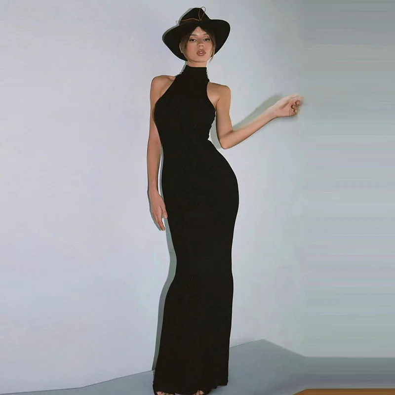 Sexy Party Elegant Club Fashion Summer Slim Dress Backless Solid Color Sleeveless Tight Maxi Dress Ladies