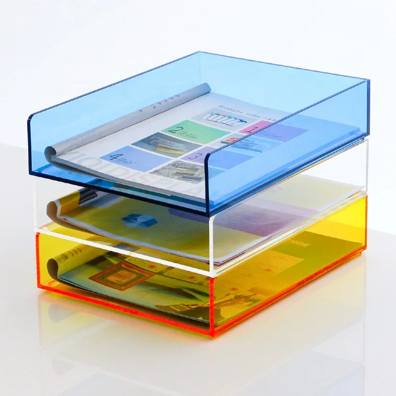 JERY Custom Acrylic 3 Tier Desk File Organizer A4 Letter Paper Tray Shelf File Acrylic Storage Racks for Home Office