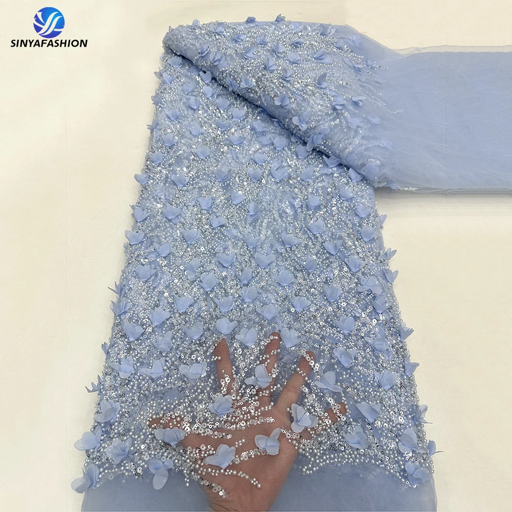 Sinya Beautiful African 3D Flower Applique Lace With Sequins High Quality Heavy Beaded Lace Fabric Luxury For Wedding Dress