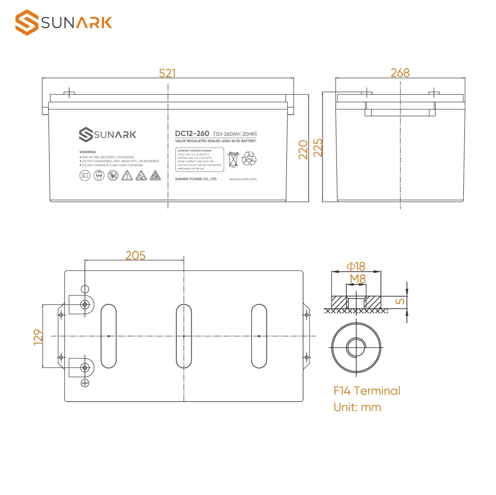 SunArk 6 GFM 12V 100Ah Batteries Deep Cycle 12 V 120Ah 12V 260Ah Lead Acid Battery