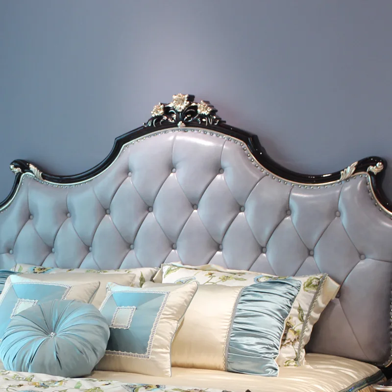 Foshan Factory-Traditional Oak Wood Luxury King Master Bedstead Carved with Dark Polish Queen Size Genuine Leather Interior