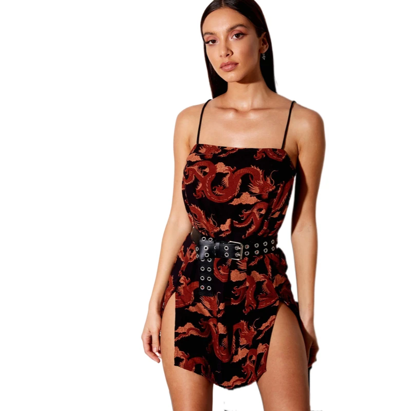 2021 summer new style printed dragon pattern split halter back ultra short back strap dress Chinese retro cheongsam girl costume
