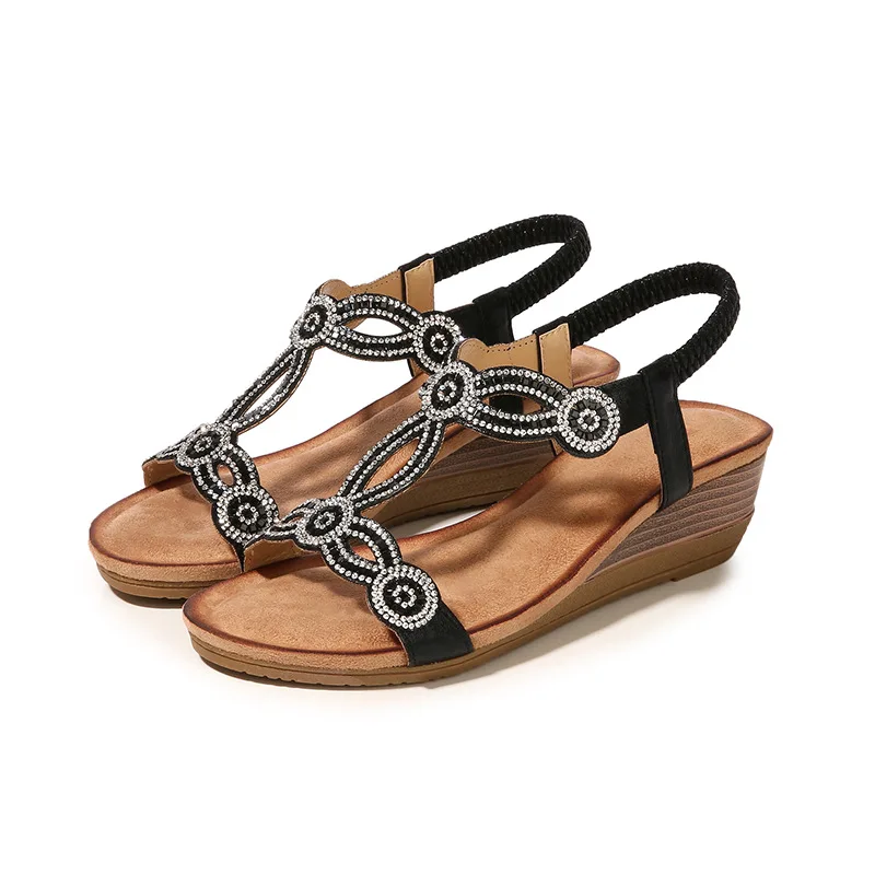 New Style Open Toe Round Bohemian Sandals Casual Rhinestone Hollow Out Ladies Platform Wedge Sandals